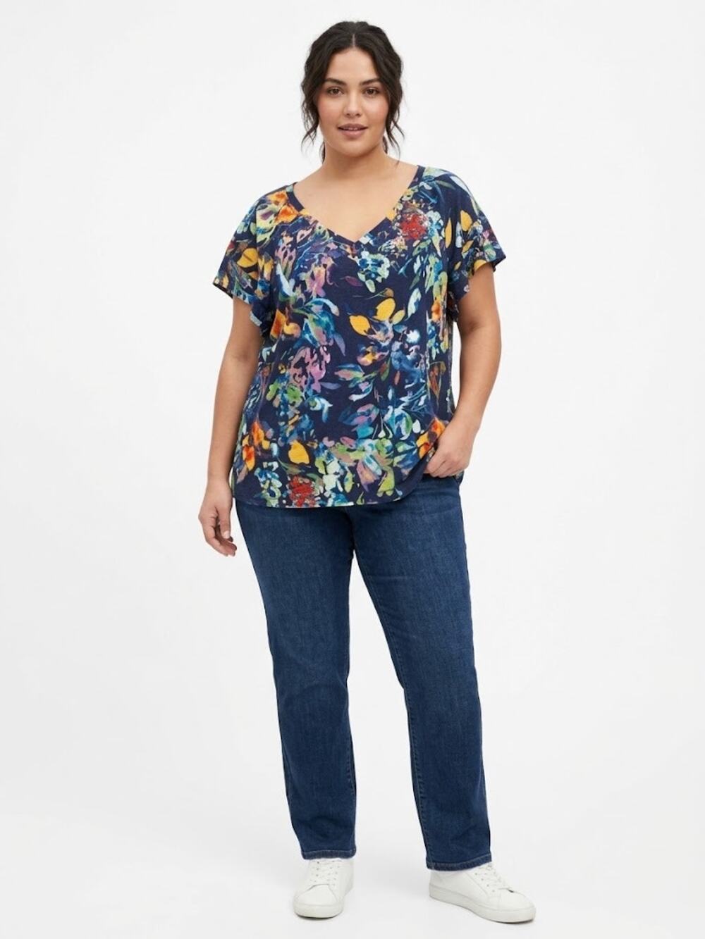 ZAC & RACHEL WOMAN Navy Abstract Floral V Neck Flutter Sleeve Top Plus Size 3X